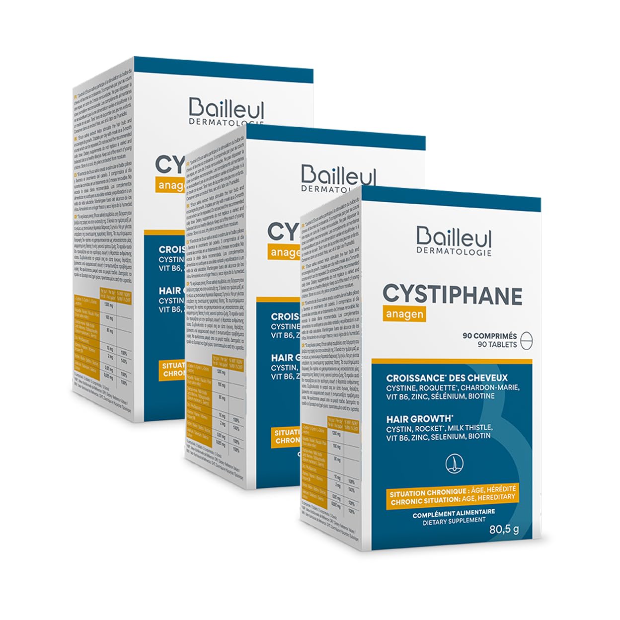 Bailleul | Cystiphane Anagen | Complément alimentaire Cheveux | Favorise la croissance & la résistance des cheveux | Chute de cheveux chroniques | Cystine – Vitamine B6 | 3 x 90 comprimés