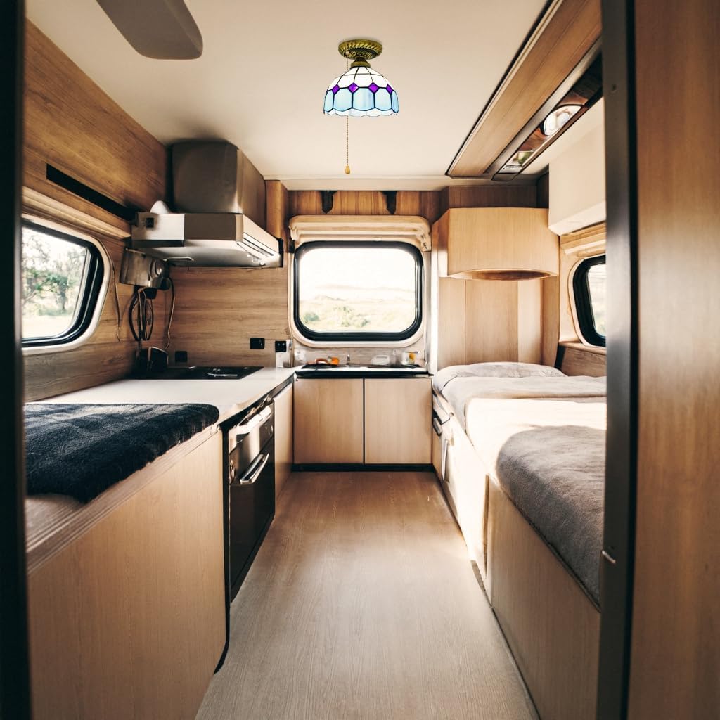 Diamond Lamp, Zipper Switch 12V RV Hallway Light Fixtures, 2700K Bulb Included Blue Dome Shape Stained Glass Semi Flush Mount Interior Lighting Decorative Ceiling for RV Camper