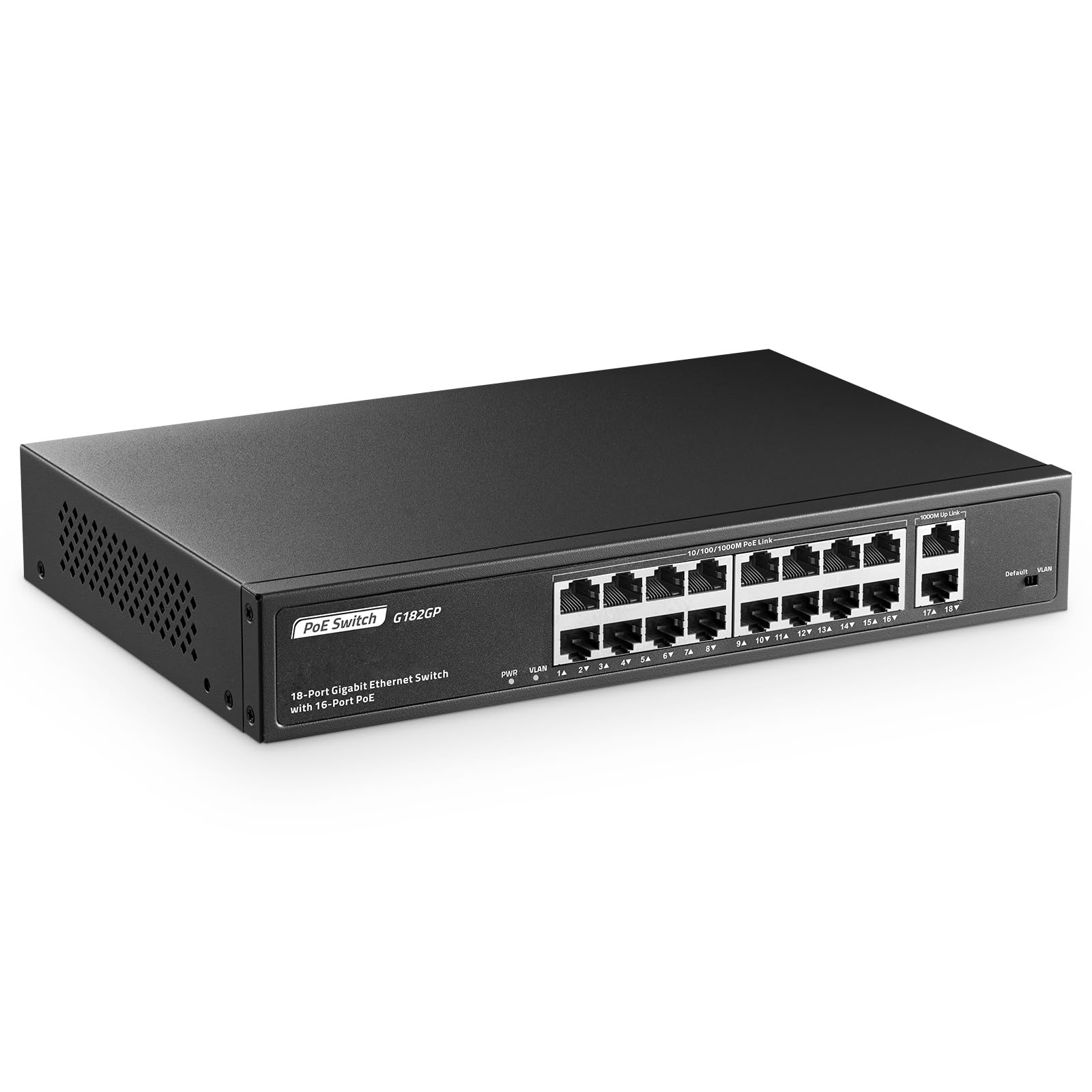 YuLinca Conmutador PoE Gigabit de 18 Puertos, 16 Ggiabit PoE+, 2 GE Uplink, IEEE802.3af/at MAX 250W, Conmutador Ethernet de sobremesa Plug&Play no gestionado para Montaje en Bastidor