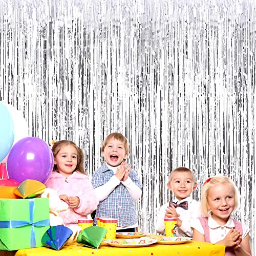 Image of 4 Pack Silver Foil Fringe Curtain Backdrop, 3.28Ft x 8.2Ft Metallic Tinsel Foil Fringe Streamer Curtains for Photo Booth Props, Birthday, Wedding, New Year's, Christmas Decoration Party Supplies