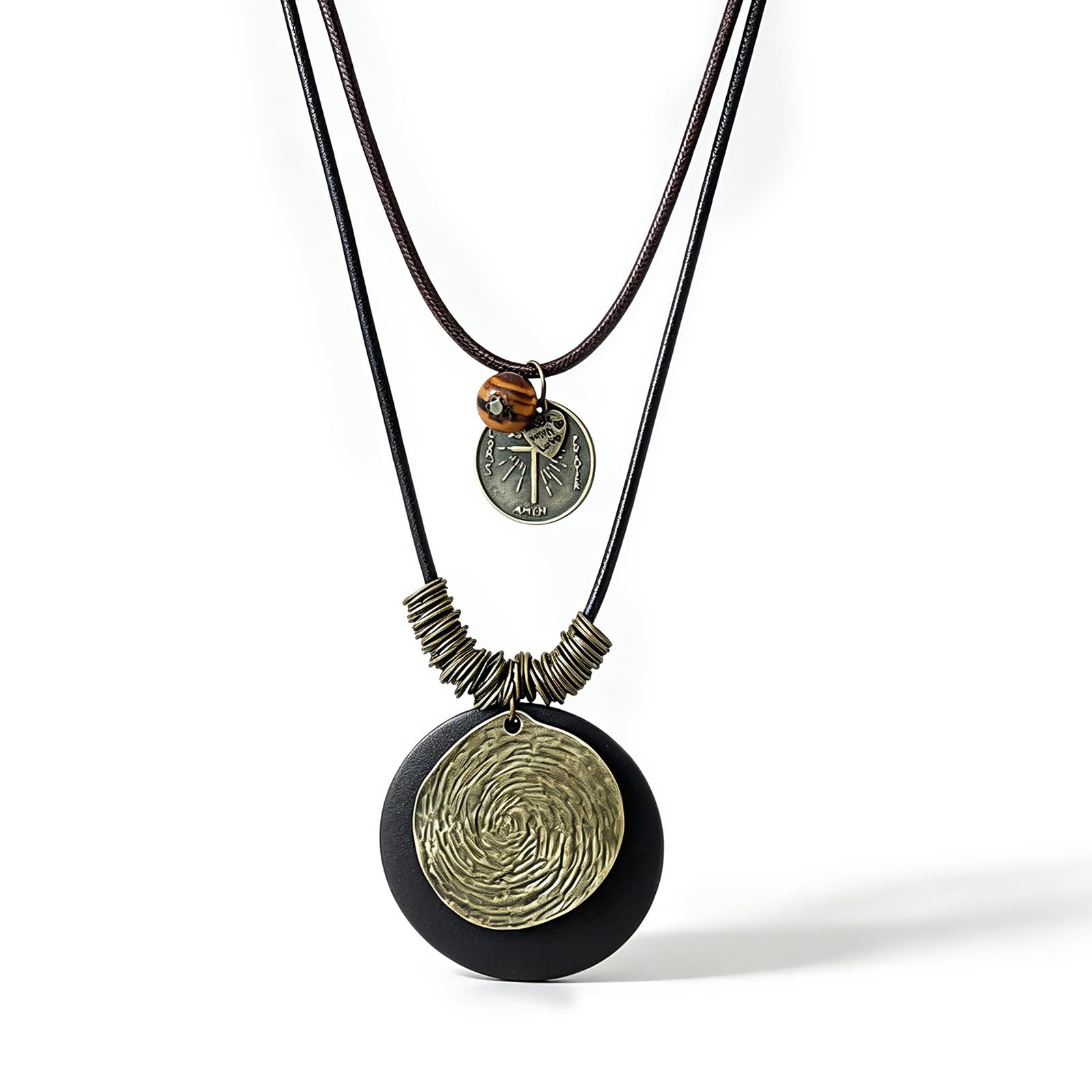 bharatbazaar 1PCS Long Boho Necklaces for Women - Double Layered Wax Cord Necklace with Geometric Wooden Pendant, Lightweight Vintage Sweater Jewelry-picture-32