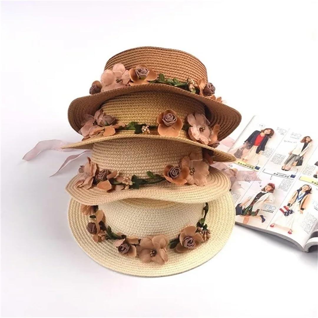 Sombrero para el Sol para Mujer, Sombrero de Cubo, Sombrero de Paja con Parte Superior Plana y Lazo de Encaje Beige de Verano (21244 Mujeres 56, Talla única 58 cm)
