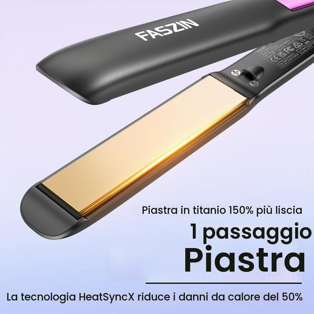 Faszin Piastra Capelli Professionale 2-In-1, Piastre Ioniche di Titanio, Riscaldamento In Soli 20 Secondi, Display LCD Chiaro, Ideale Per Capelli Lisci, Ricci e Mossi