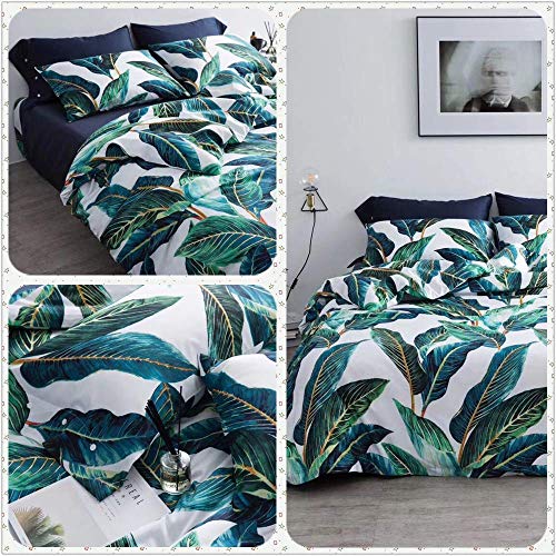VM VOUGEMARKET Leaves Duvet Cover Set Queen,3 Piece Soft Premium Cotton Green Tropical Palm Tree Comforter Cover with Zipper Closure,Botanical Bedding Set Queen