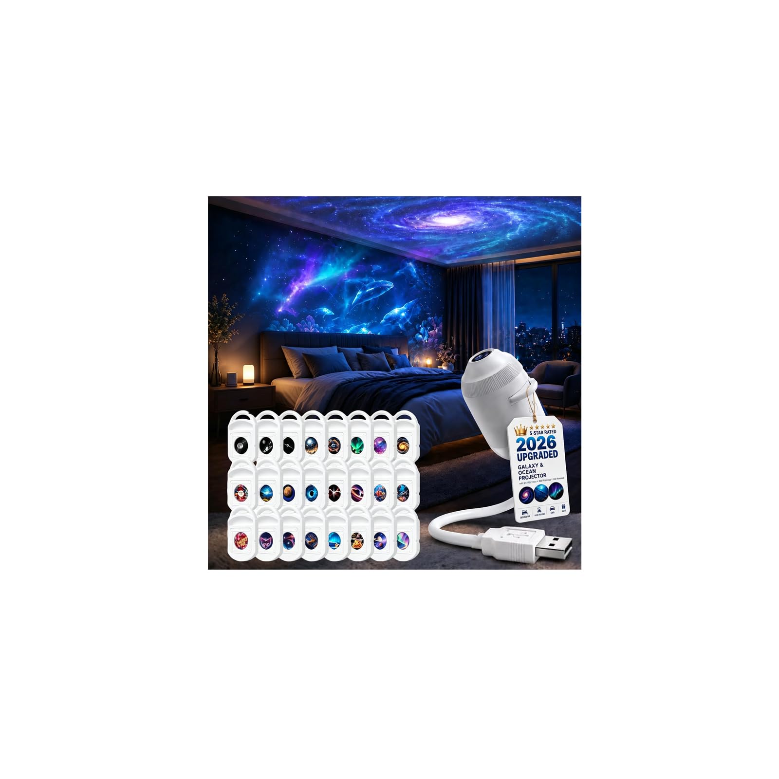 Hd Smart Dynamic 5D Holographic Night Light Projector,2-in-1 GalaxyProjector Night Light,Plug and Play HD Star Projector,360° Rotating Portable Galaxy StarProjector Starry SkyLamp for Car Room Decor