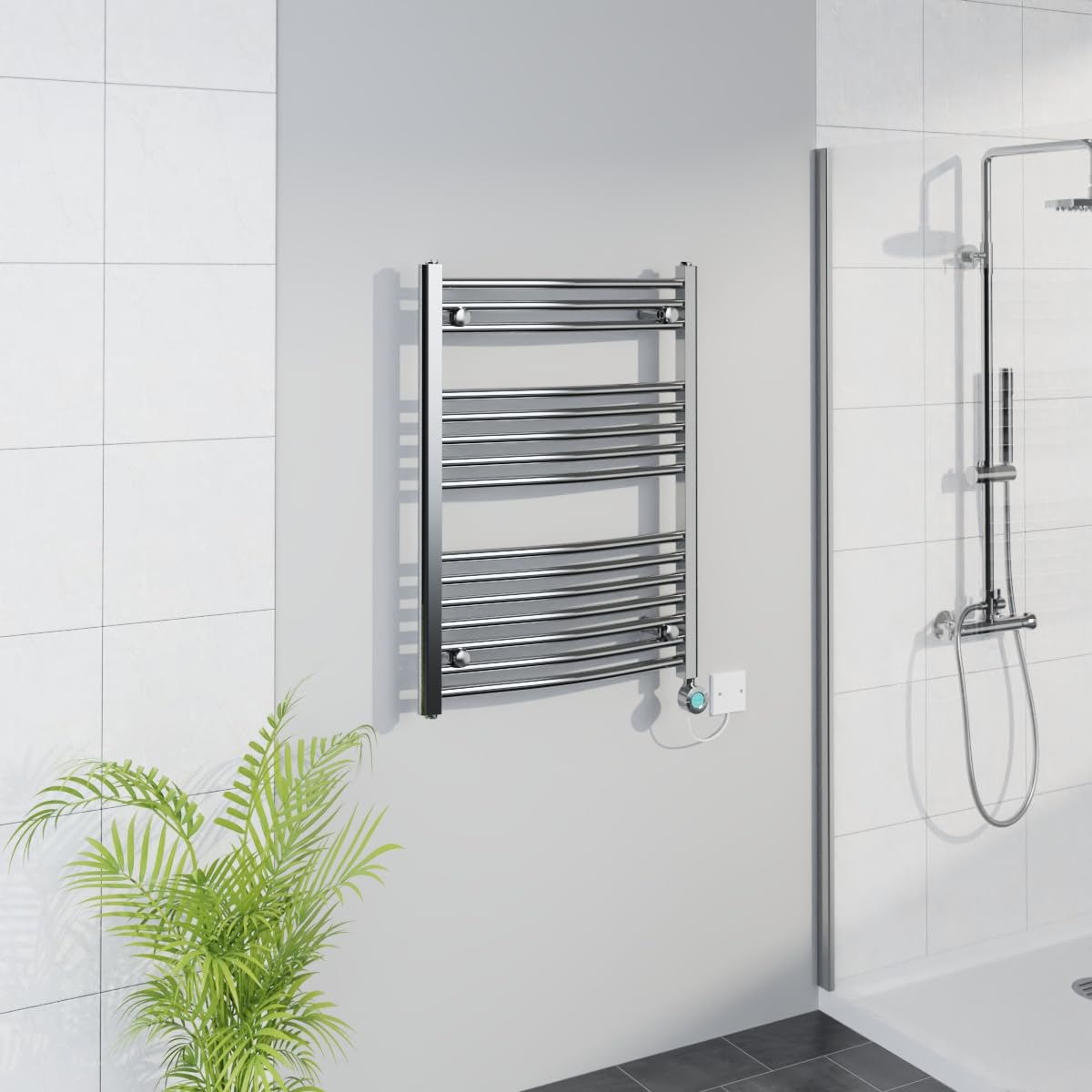 Warmehaus Chrome Smart Wifi Thermostatic Electric Bathroom Curved Heated Towel Rail Warmer Radiator With Timer 800X600mm