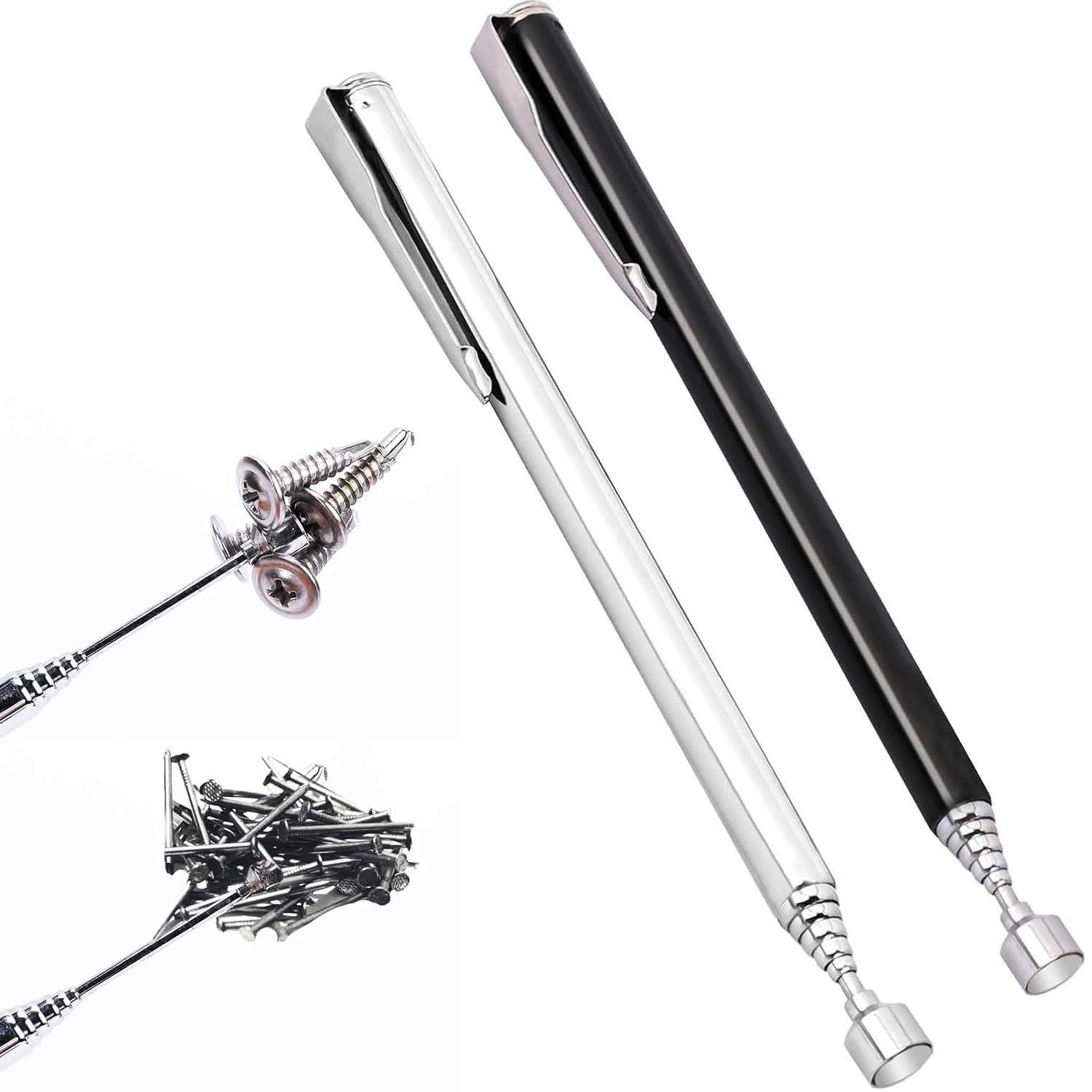 WUBAYI 2 herramientas telescópicas de recogida magnética, palo magnético y bolígrafo de recuperación, se extiende hasta 64 cm con fuerza de 1.5 libras, negro + plateado con clip de bolsillo (agarrador