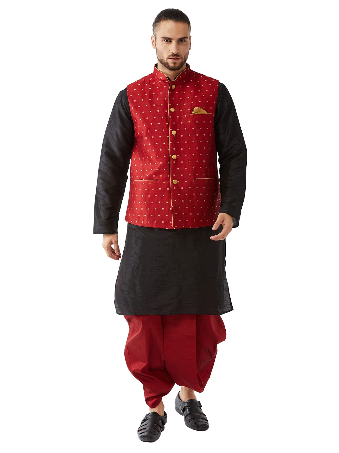 Men's Silk Kurta,Dhoti & Jacket Set-image-46