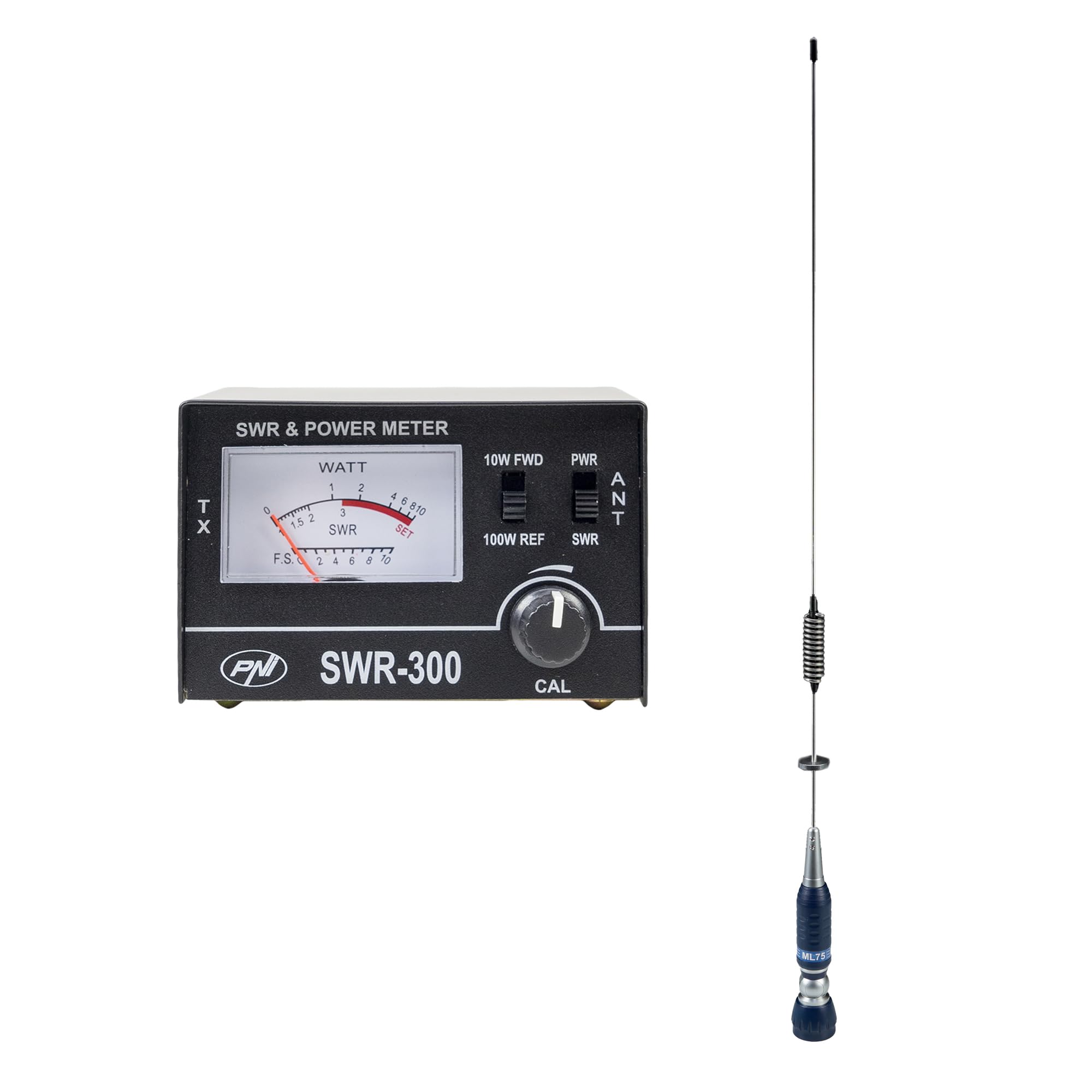 PNI ML75 antena CB, 75 cm, 300 W, składana, reflektor PNI SWR-300 do pomiaru SWR, kolor czarny