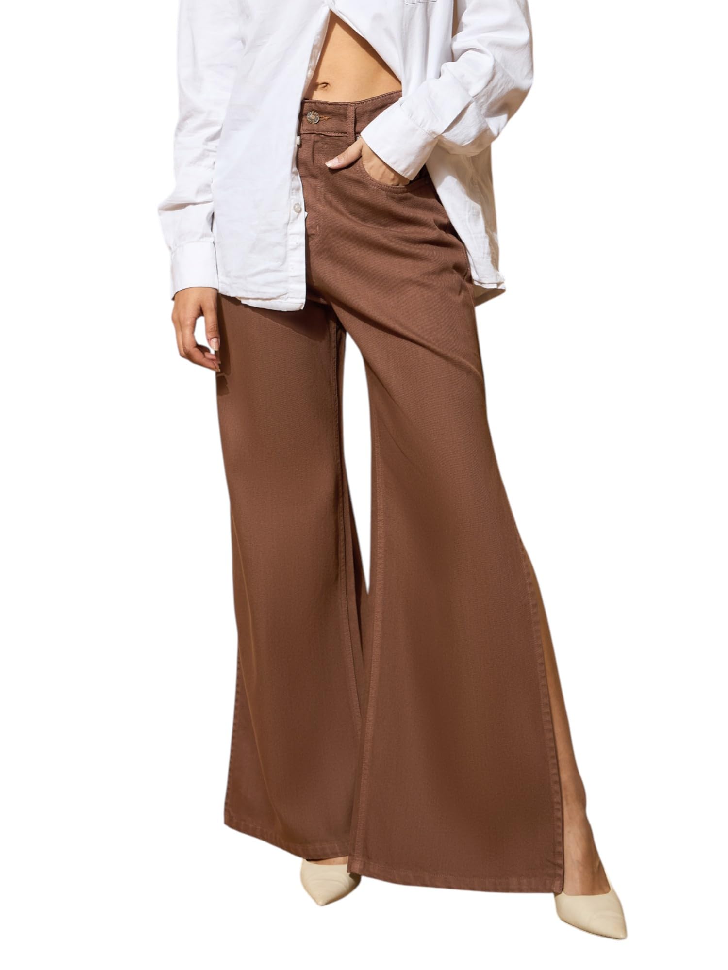 barcino Beige Side Slit Wide Leg Jeans-picture-33
