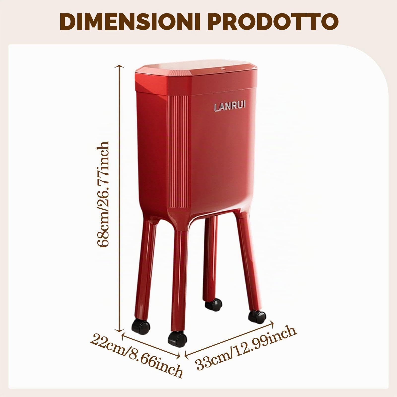 Pattumiera a Pressione con Ruote, Secchio per Carta straccia, pattumiera Versatile, Cestino Minimalista per Bagno e Camera da Letto, Rosso