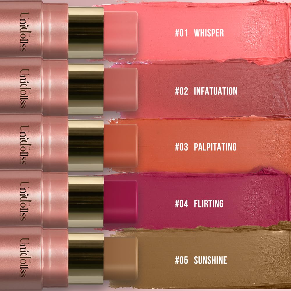 Multi-Use Makeup Cream Blush Stick, Unidollss 3-in-1 Buildable Blush Stick for Cheeks, Eyes, and Lips, Hydrating formula, All day wear, Easy Application with Thumb Puff Included (02 INFATUATION)