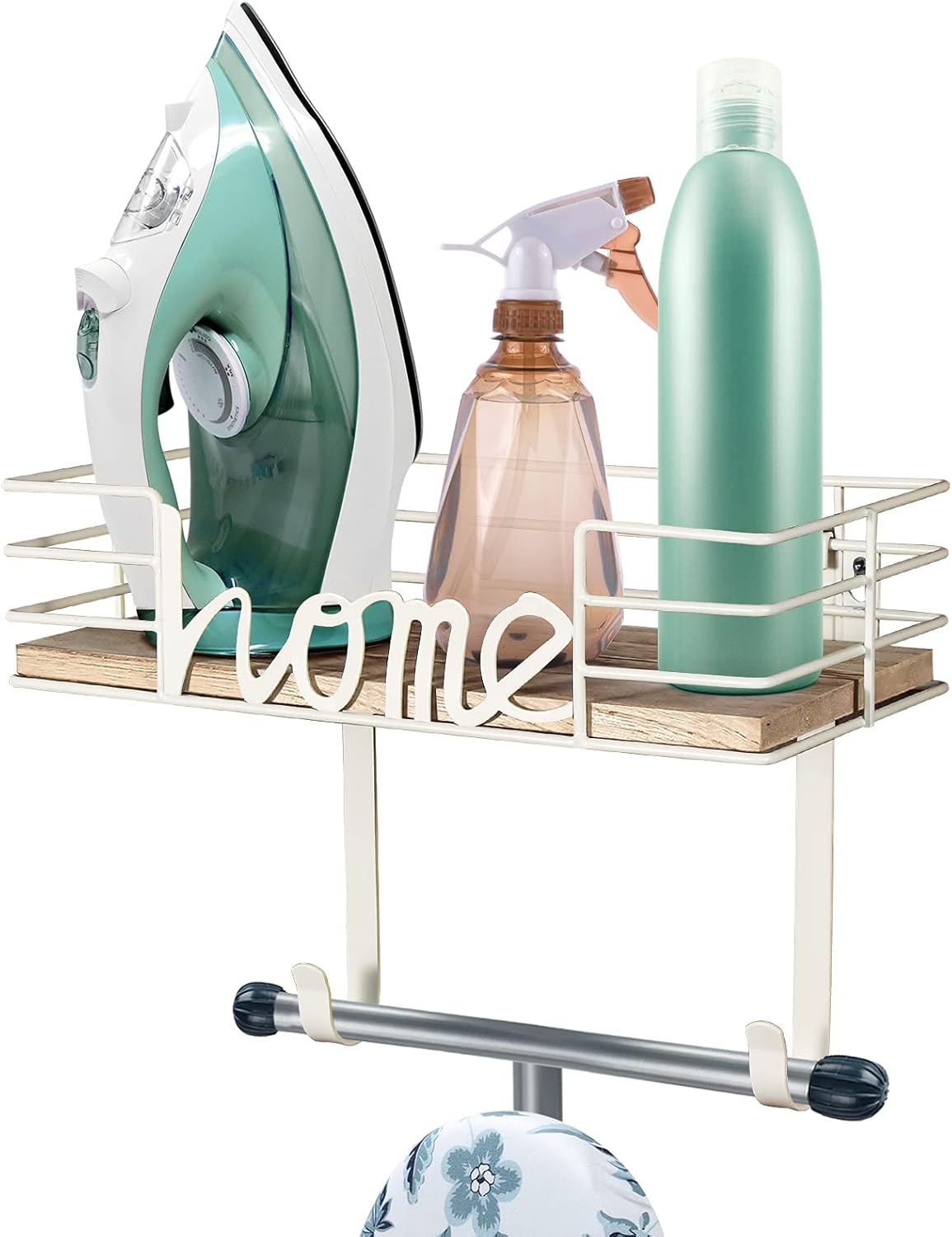 TJ.MOREE Ironing Board Hanger - Laundry Room Iron and Ironing Board Holder, Metal Wall Mount with Large Storage Wooden Base Basket and Removable Hooks (Black) : Home & Kitchen