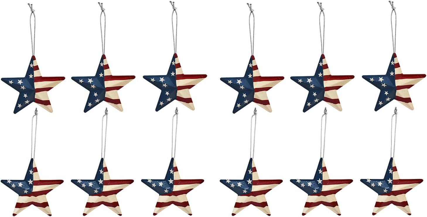 Morning View Barn Star Ornaments Set of 12, Metal American Flag Hanging Ornaments 3.6 Inch Patriotic Tree Decoration USA Outdoor Indoor Home Decor