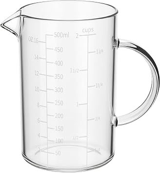 Glass Measuring Cup High Borosilicate Glass Measuring Cup with Three Scales OZ, Cup, ML/CC, Insulated handle, V-Shaped Spout, Measuring Beaker for Kitchen or Restaurant, 500 ML 0.5 Liter, 2 Cup