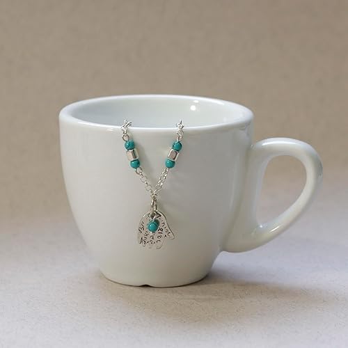 Miniatura 8 de 925 Sterling Silver Turquoise Bracelet - 3mm Turquoise Round Beads with Hamsa Silver Charms - 16-18cm Length - Turquoise Jewelry for Women - Perfect