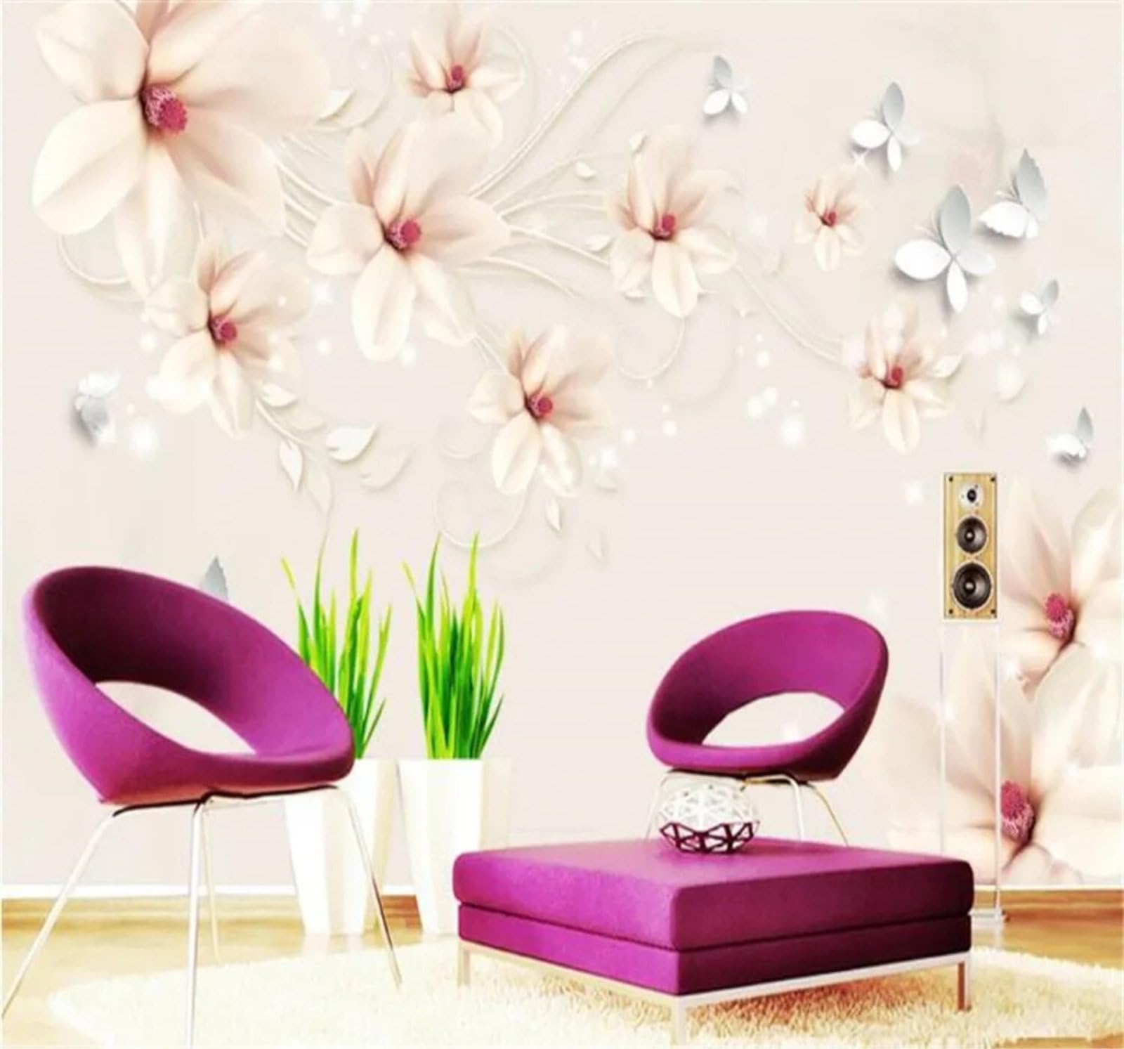 Tzxztt Minimalist Three Dimensional Relief Magnolia Butterfly Modern 3D Wallpaper Premium Textured Silk Neutral Tones Material Ideal for Living Room Bedroom-350cm×256cm