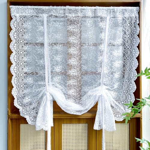 Cream Embroidery Floral Sheer Curtain Tie Up Balloon Curtain Shade for Kitchen Bathroom Tulle Farmhouse Valance Rod Pocket Voile for Living Room Small Window 1 Panel Width 51 x 63 inches Length