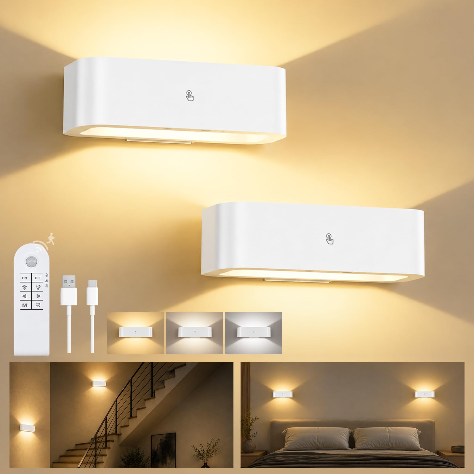 GOODEA 20CM Rechargeable Wall Lights, 60 Days Runtime & 3 Color Dimmable