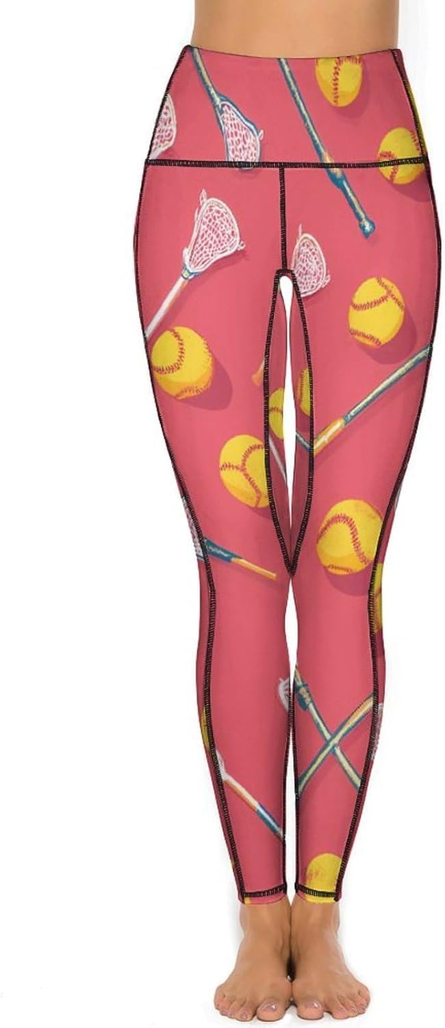 Softball and Lacrosse Sticks High Waisted Leggings for Women with Pockets Athletic Tummy Control Pants