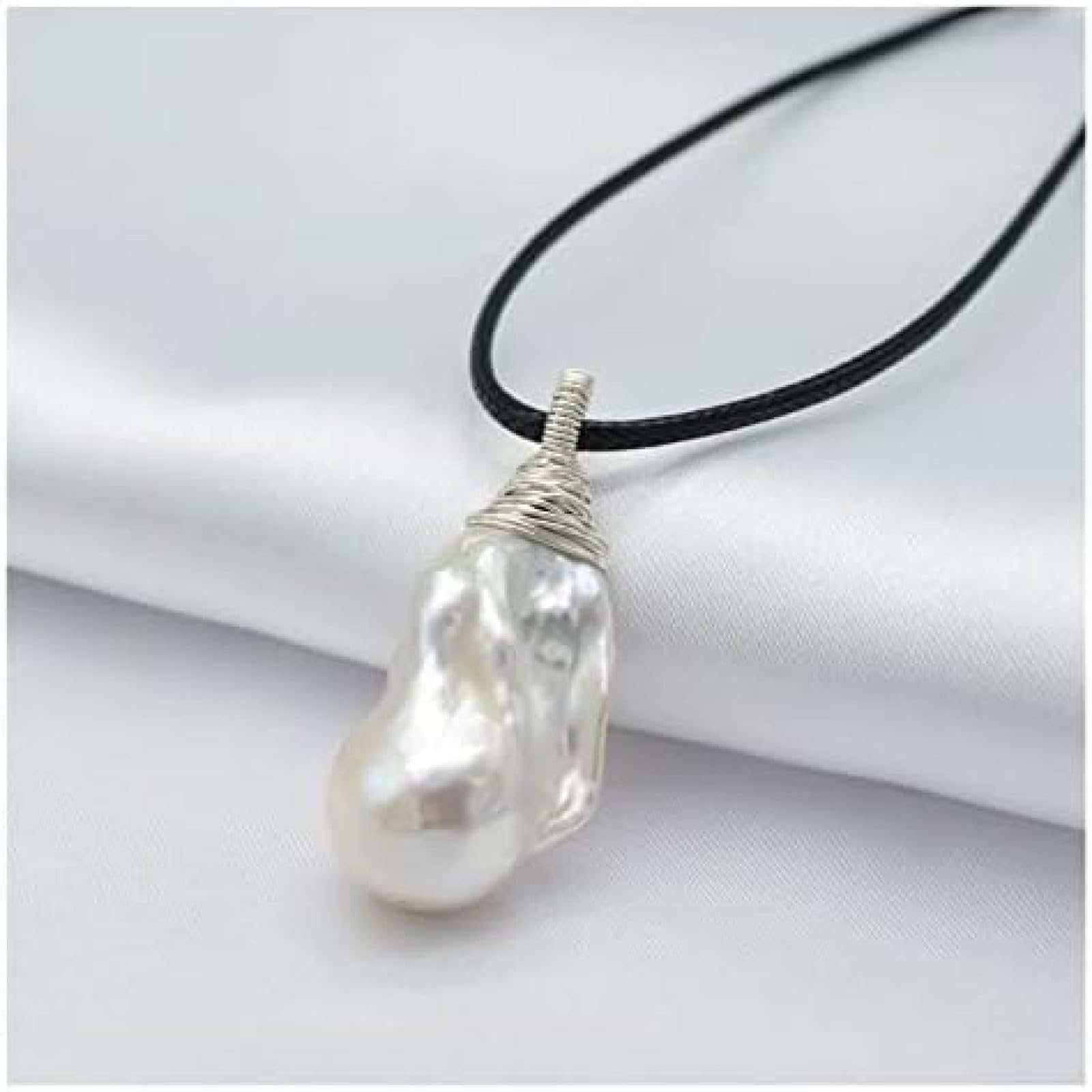 Colgante para Mujer, Perla Barroca Grande Blanca, Colgante De Plata De Ley, Colgante De Perlas En Forma De Gota, Collar De Cuerda De Cuero,Picturesque234