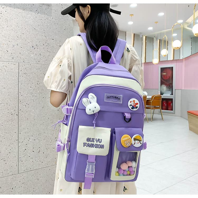 Juego de 5 bolsas escolares Kawaii con bolsa de almuerzo colgante, estuche para lápices, bolso de mano, monedero para adolescentes, mochila escolar, Púrpura