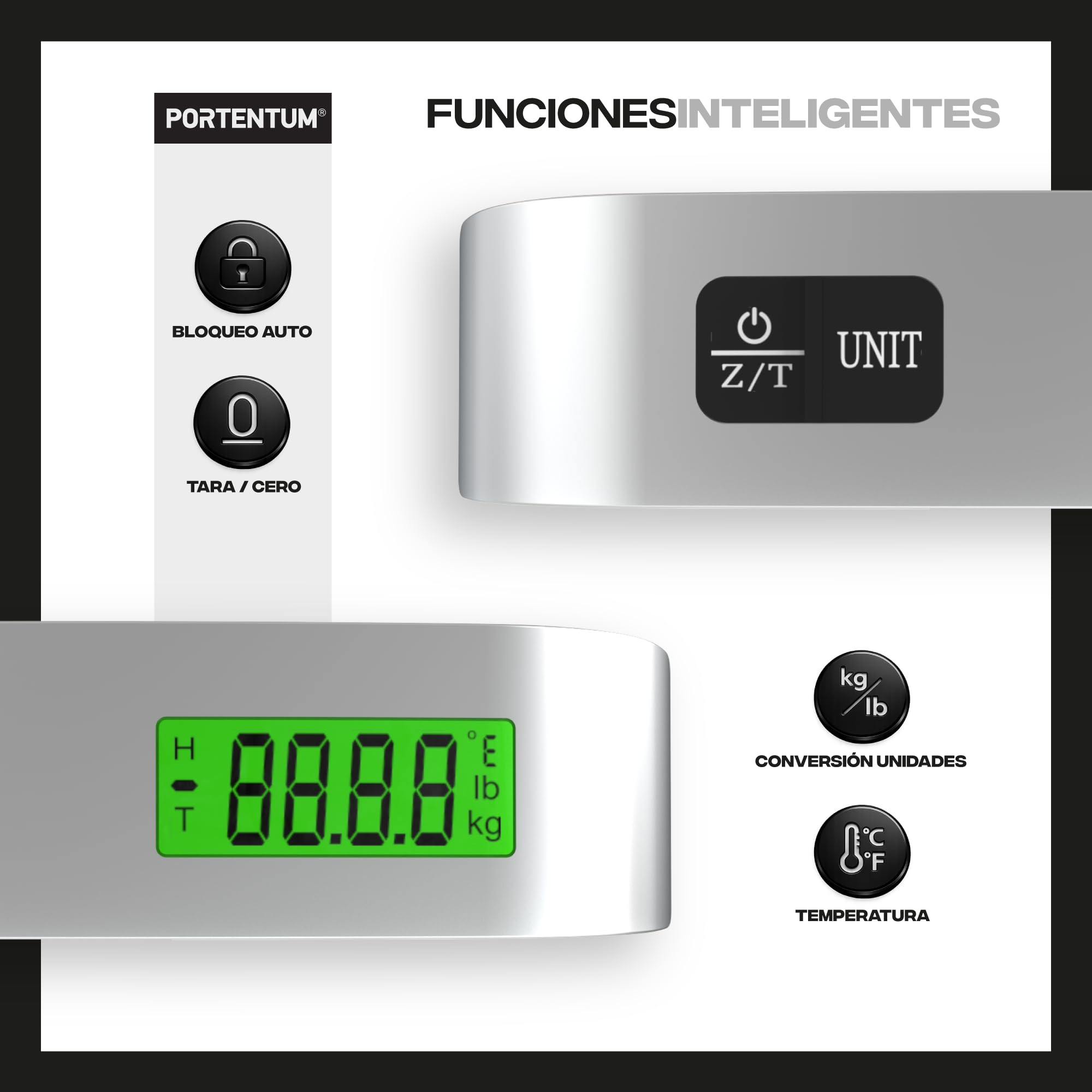 PORTENTUM Bascula maletas viaje digital con pantalla LCD – hasta 50 kg – Bloqueo de lectura automático – Peso maleta preciso para viajar – Escala de equipaje portátil con indicador de temperatura - 4