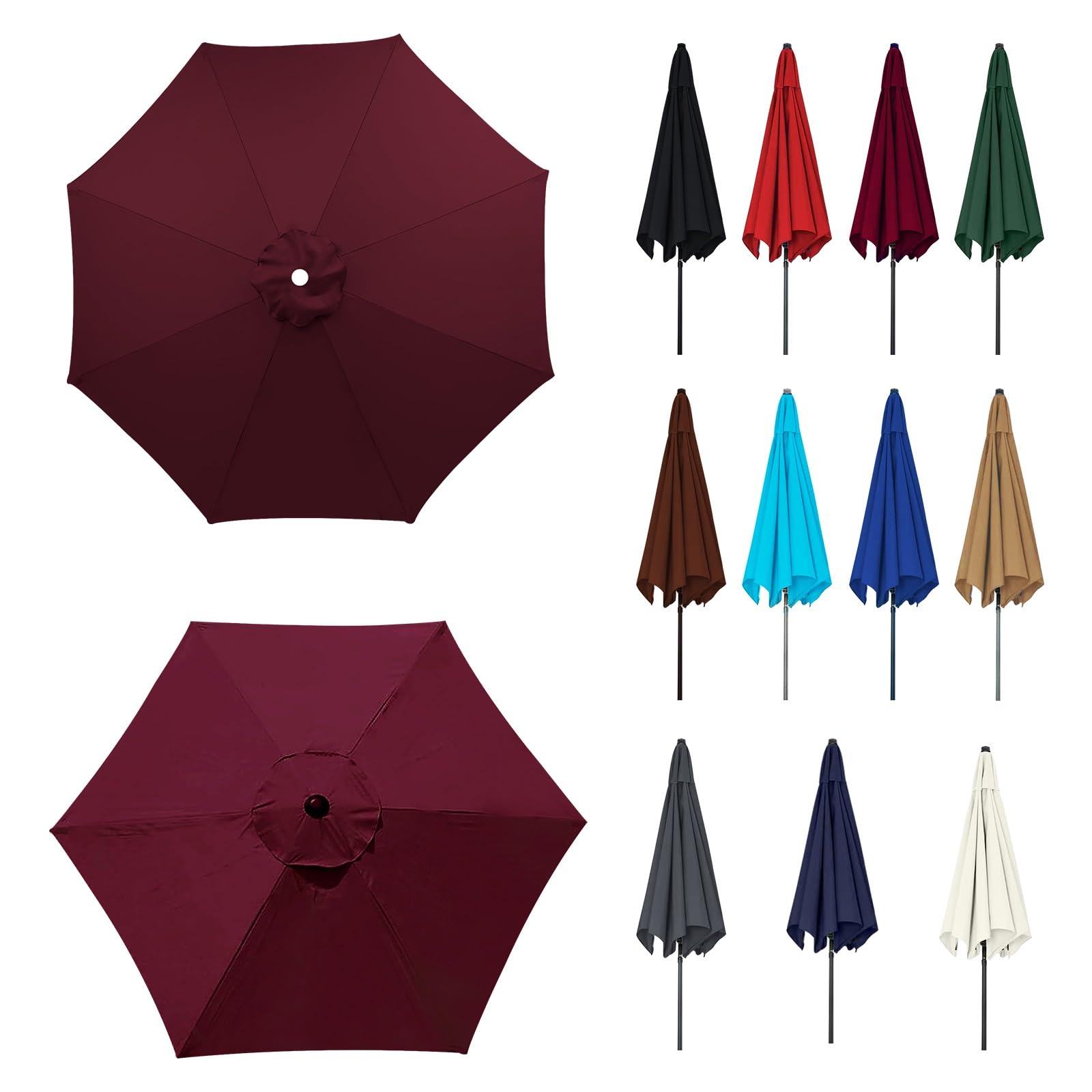 200/230/250/270/300cm Parasol Umbrella Replacement Cover, Umbrella Replacement Fabric, Large Table Umbrella Replacement Top Fit, Fade Resistant, for Patio, beach, swimming Pool(Burgundy,6ribs:2.7m/8.8