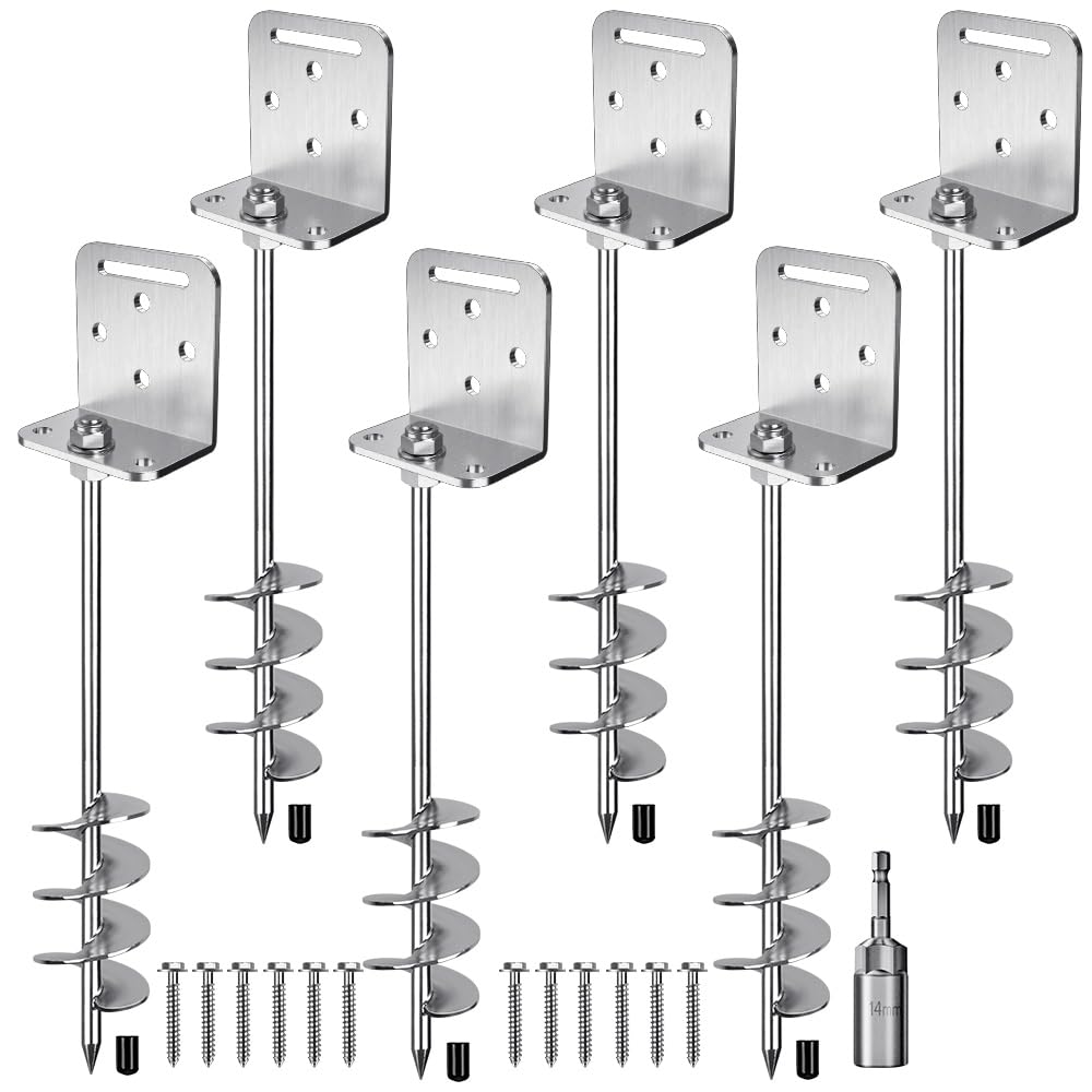 Insaga 18'' Heavy Duty Ground Anchors 10mm Solid Steel with L Bracket, for Trampoline Mobile Home Swing Set Shed Carport Tent Earth Anchor Fence, 2.7" Helix Blade & Chrome Plated Finish, 6Pack