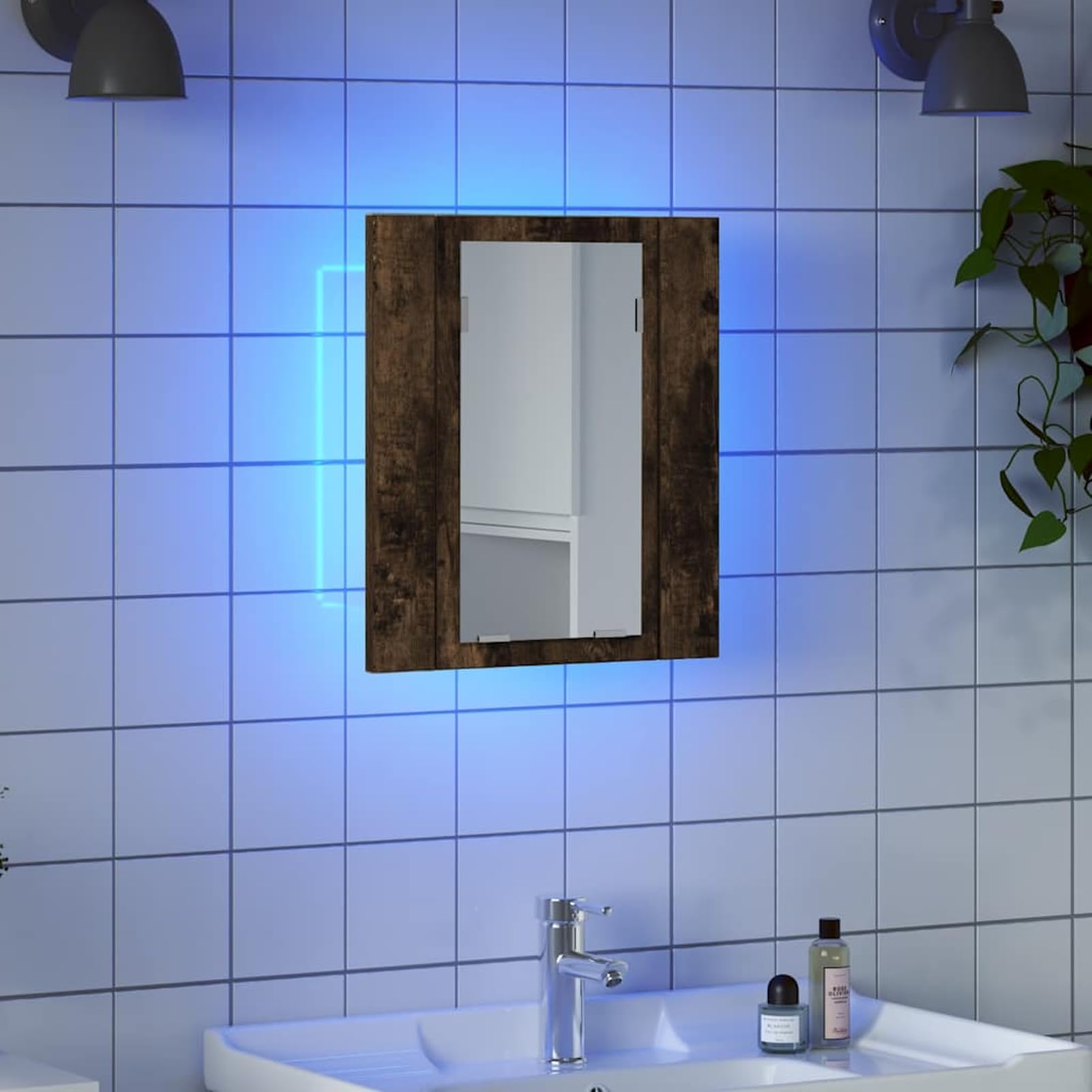 Gecheer Specchio contenitore bagno, mobile con LED, legno multistrato, 40x12x45 cm, montaggio a parete, ampio spazio portaoggetti, per bagno moderno