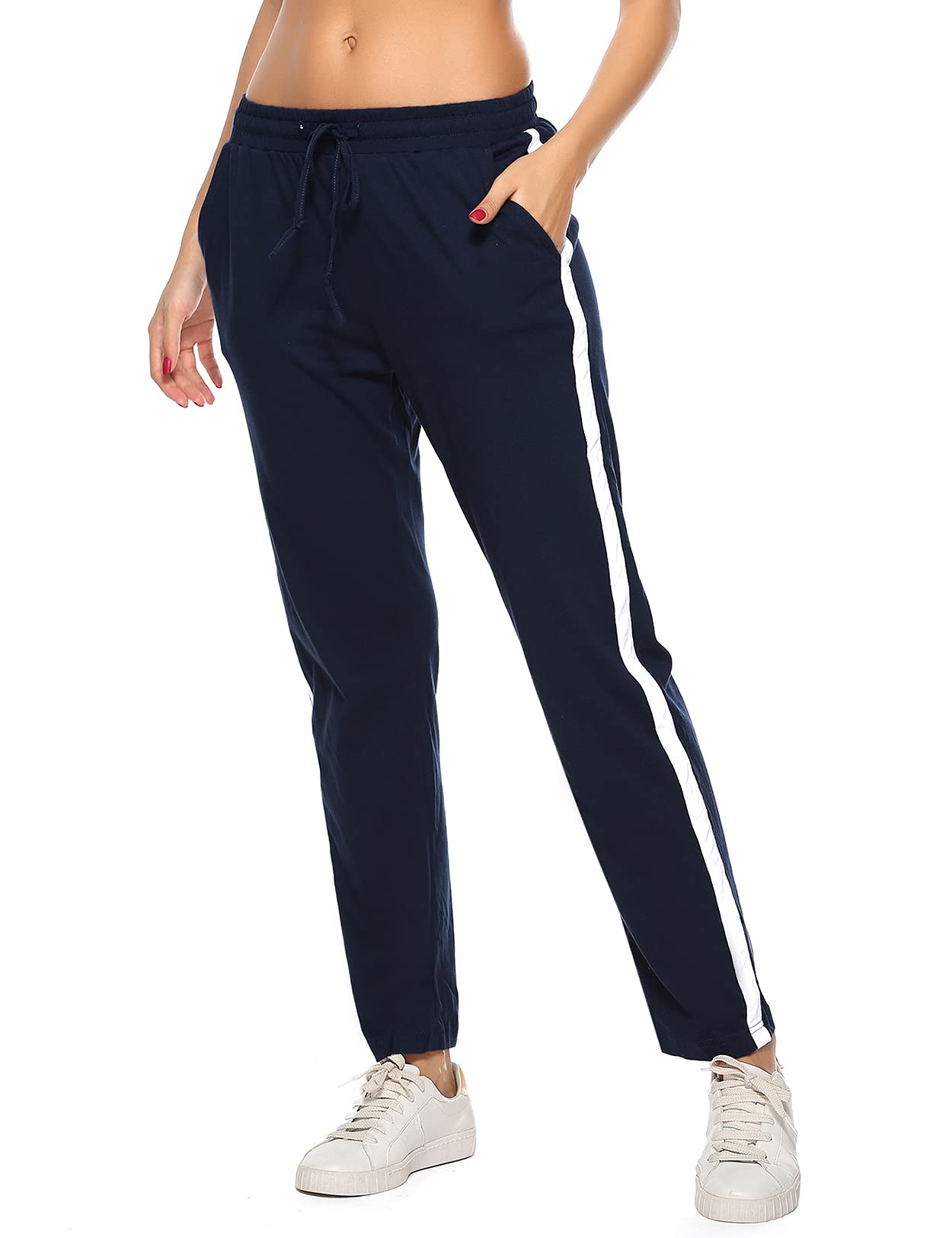 Jogginghose Damen Sporthose Lang Trainingshose Baumwolle High Waist Laufhose Sweathose Weites Bein mit Streifen