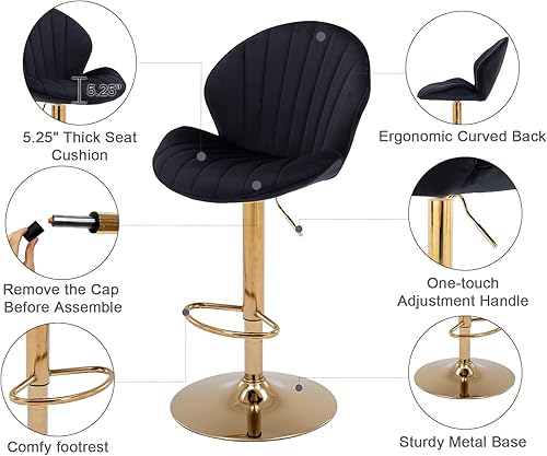 Miniatura 34 de Juego de 2 taburetes de bar giratorios modernos de terciopelo, de altura ajustable, sillas de bar con respaldo de concha, taburetes de isla de Cuero