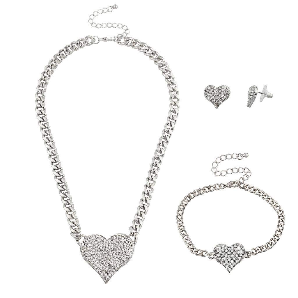 LUX ACCESSORIES Bling Heart Chain Earring Bracelet Necklace Jewelry Gift Set 3PC