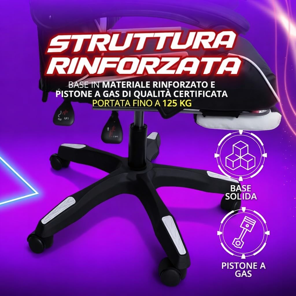 Sedia da Gaming Ergonomica Reclinabile fino a 135° con Poggiapiedi Cuscino Supporto Lombare e Poggiatesta con Rotelle Rotazione a 360°, Pistone a Gas Poltrona da Ufficio Portata 125kg (Bianco)