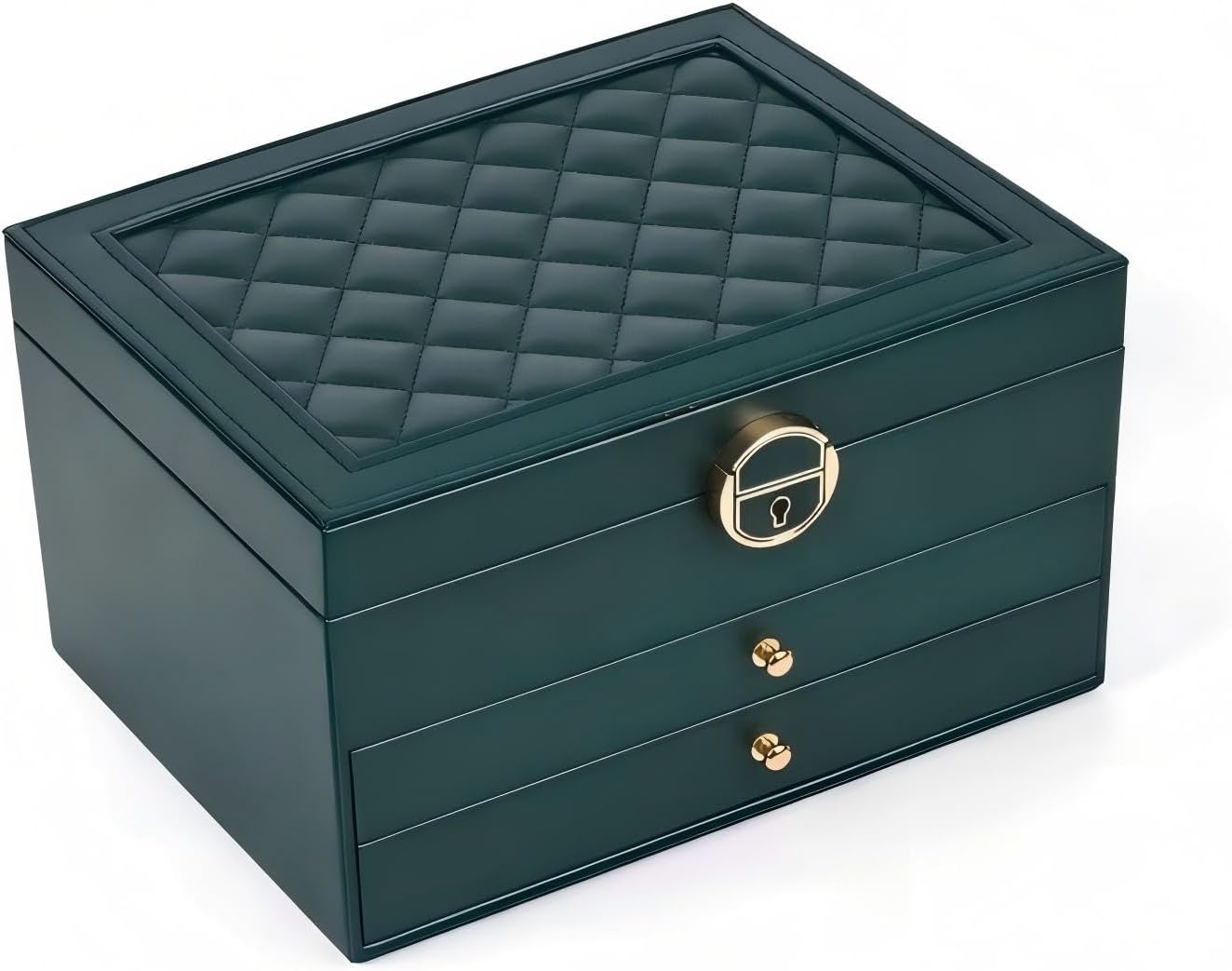 3-Layer Jewelry Box for Women Girl Wife, Jewelry Organizer with 2 Drawers, Removable Jewelry Tray, PU Leather Jewelry Storage Case for Necklaces Rings Earrings Bracelets Watches (Forest Green)
