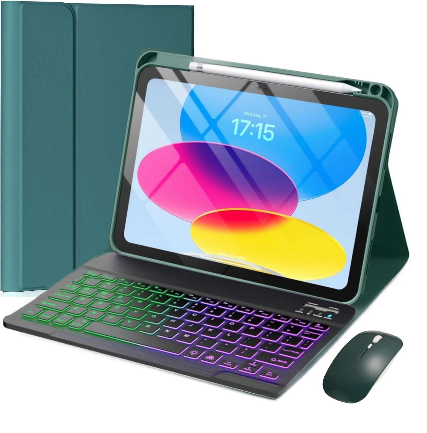 AnMengXinLing キーボードケース用の iPad Air 11インチ (M3/M2) /Air (第5/4世代)/ Pro11 (第4/3/2/1世代), 7色バックライト マウス付き 上側 ペンホルダー付き マグネット 分離式 軽量 薄型 おしゃれ，深緑+黒