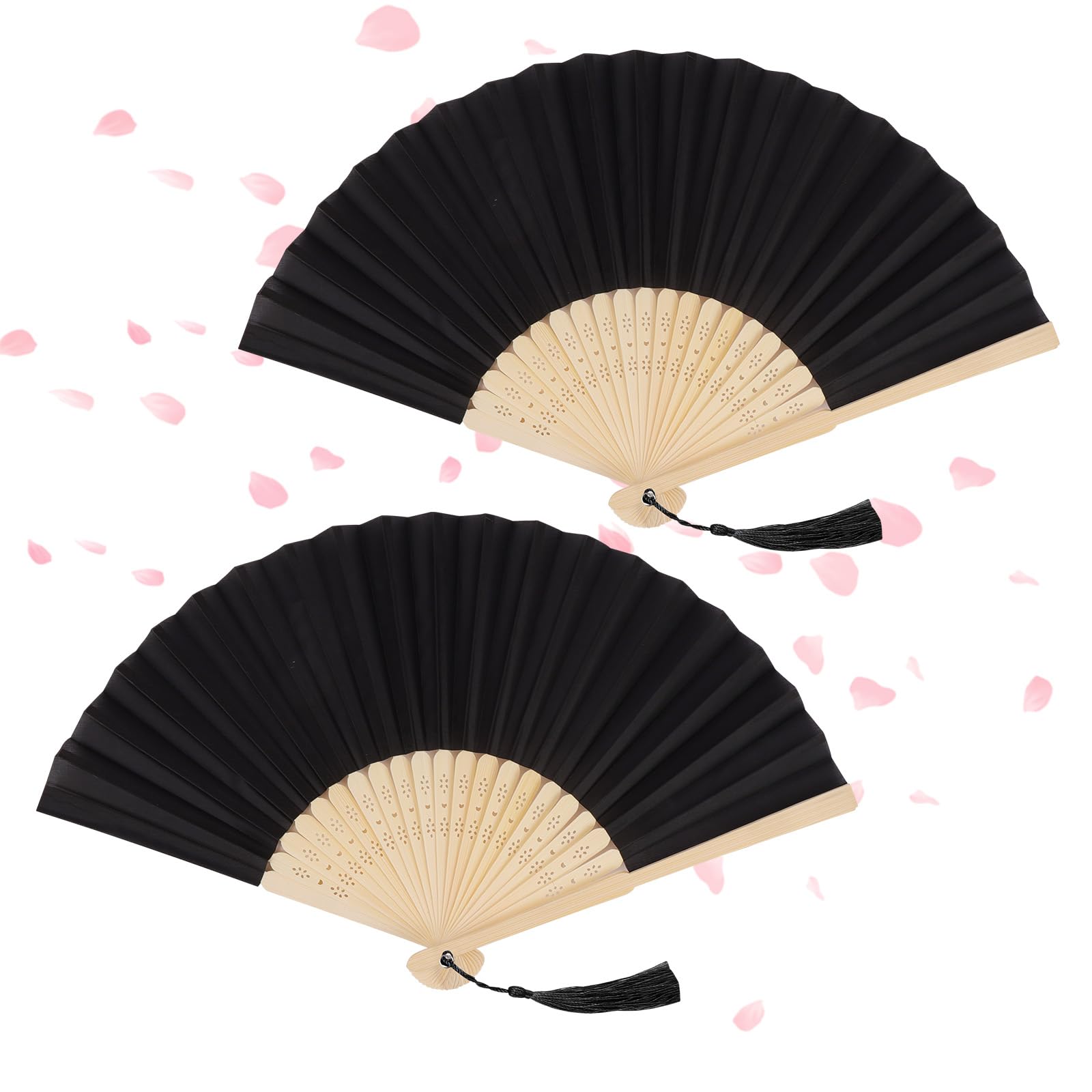 Alaoo Folding Fans, 2Pcs Handheld Fan Fabric Manual Fan Chinese Fans with Tassel for Birthday Gifts Dancing Cosplay Wedding Party Props Decoration(A Black)