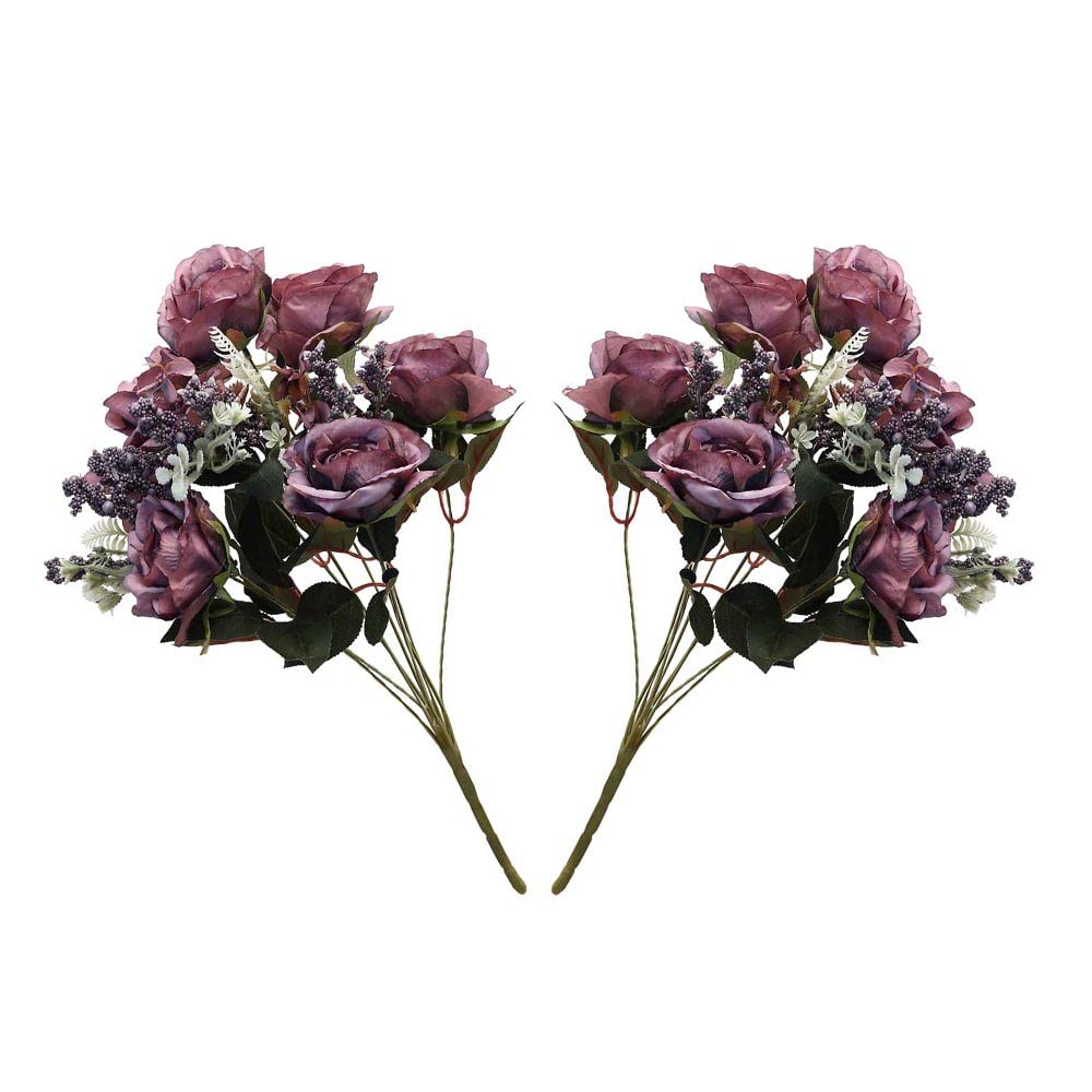 YATAI Pack of 2 Artificial Flower Bouquet, Durable Silk Rose Flower, Lifelike & Realistic Fake Roses, Long-Lasting & Maintenance Free Faux Flowers for Wedding, Home Office Decor & Gift for her, D-Purp