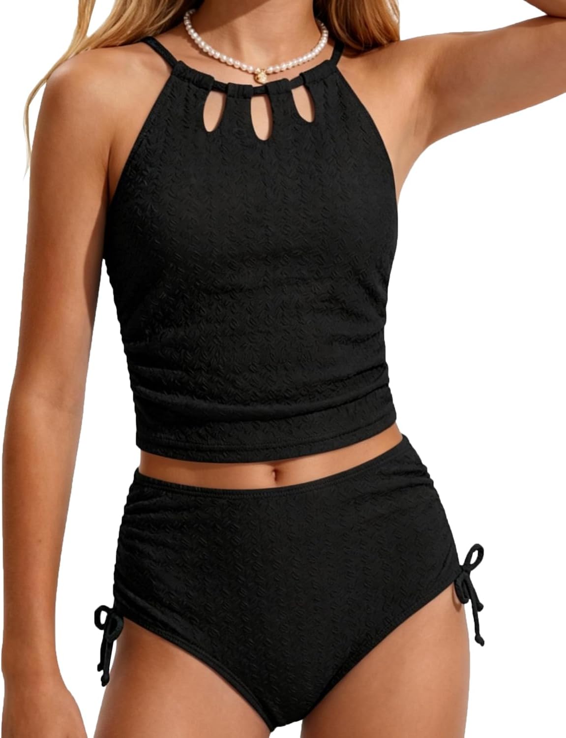 Girls 2 Piece Tankini Set Adjustable Halter Straps High Waisted Bathing Suit Removable Pad Teen Swimwear 7-16Y