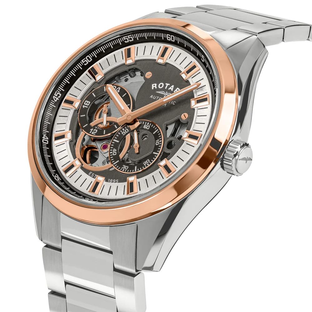 Rotary Seamatic Eclipse - Orologio da polso da uomo, resistente all'acqua fino a 100 m, placcato in oro rosa e argento