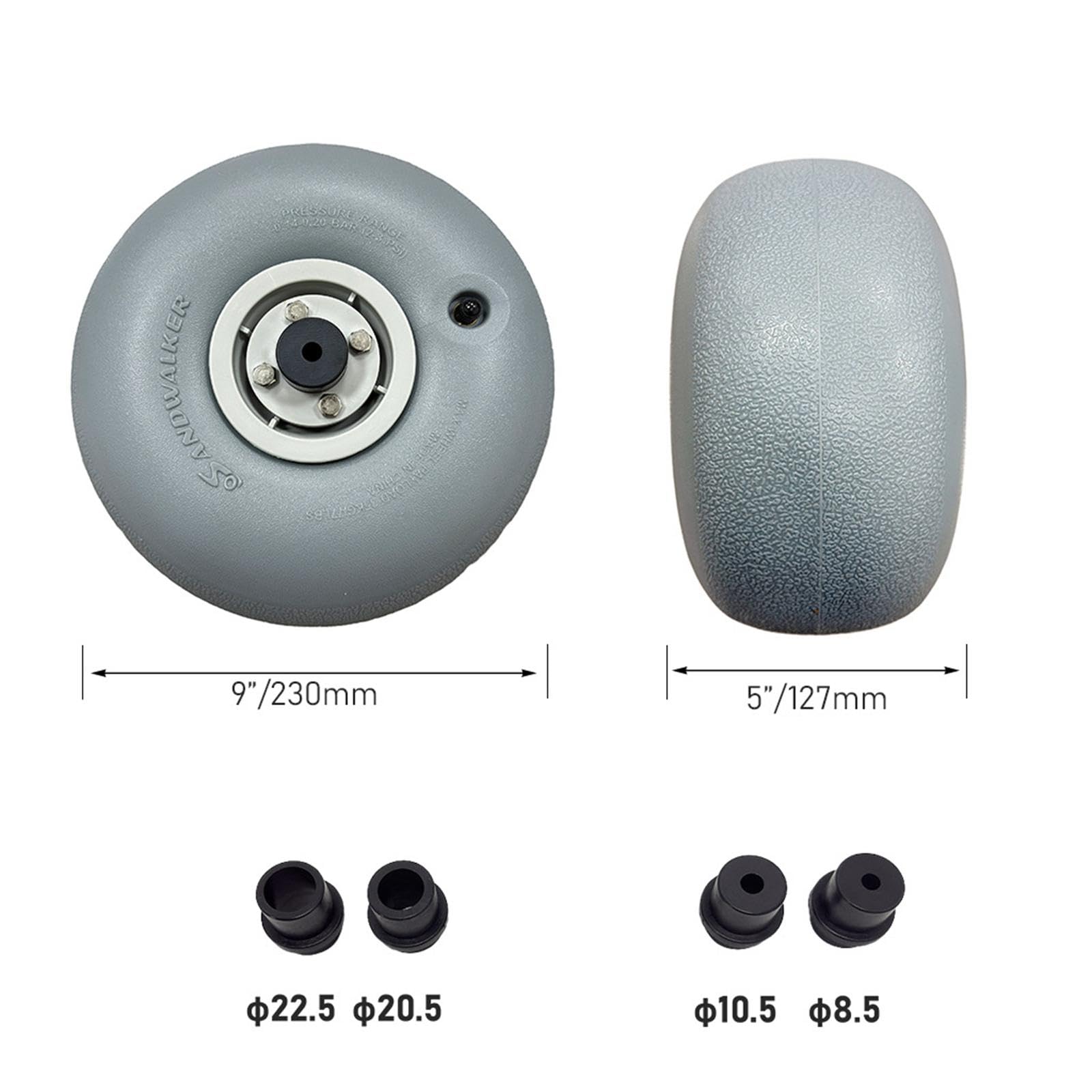 Amagogo Ruote per palloncini da spiaggia grigie, resistenti, ad alte prestazioni, pneumatici gonfiabili da 9 pollici per carrelli da spiaggia, 22.5 Boccola
