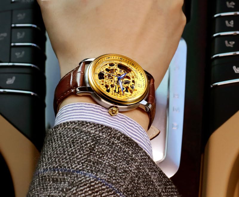 Image of ROCOSJEWE Men Analogue Luxury Watches Automatic Skeleton Watch Leather Strap Gold Dial Anti Shock Self Winding Dress Business Wristwatch Waterproof Luminous RW00142 Brown