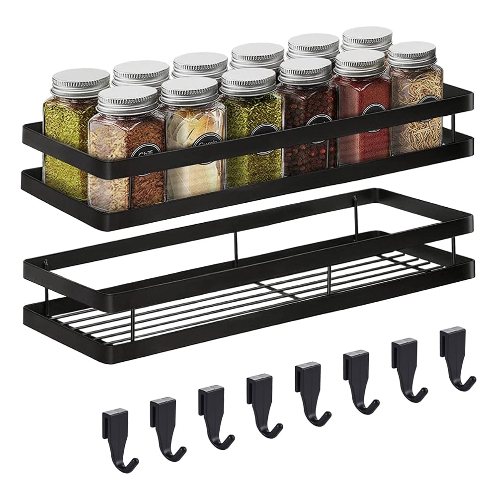 Gewürzregal Ohne Bohren Küchenregal wand Gewürzregal Hängend Metall 2 Etagen mit 8 Abnehmbaren Haken Duschablage für Küche Badezimmer Balkon 35 x 12 x 5,7 cm, Schwarz
