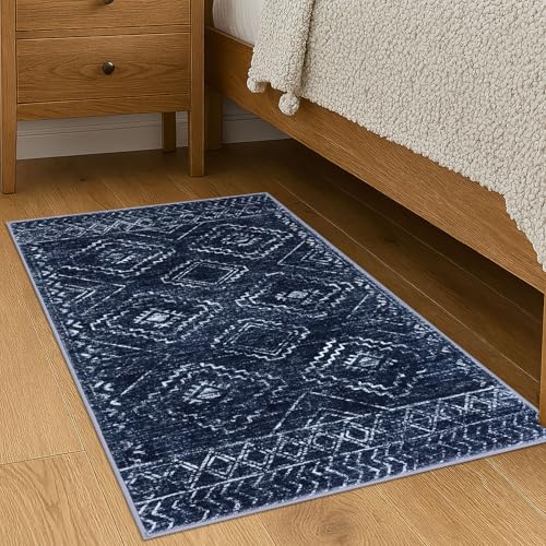 KILOCOCO Boho Entryway Rug 2x3 Printed Small Area Rug Indoor Door Mat Machine Washable Kitchen Rugs Super Soft Non Slip Throw Rugs for Bedroom Entrance Geometric Laundry Room, Dark Blue