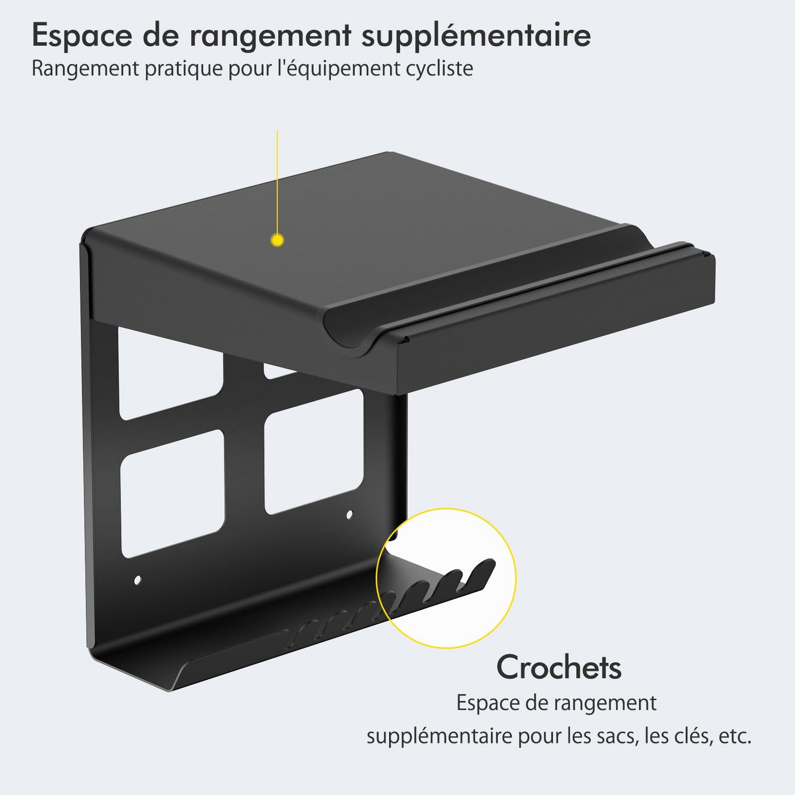 Mimoke Support mural pour vélo d'intérieur - Garage - Crochets d'étagère - Design compact et robuste - Protection - Espace de rangement - Facile à installer (Noir)