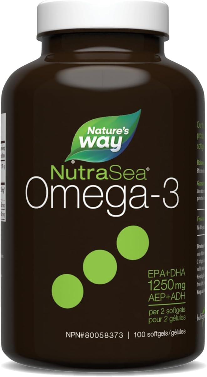 NutraSea Nature's Way NutraSea Omega 3 Softgels – 1250 mg EPA + DHA - Cardiovascular & Brain Health - Omega 3 Fish Oil Supplement - Fresh Mint flavour, 100 Softgels