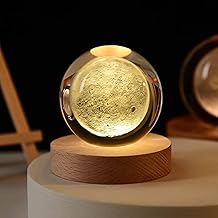 4Mura 3D Galaxy Crystal Ball Night Light | Dimmable Engraved LED Glass Ball Table Lamp with USB and Wooden Base for Home Decor, Office, Birthday Gift & Kids Bedroom. (Moon)