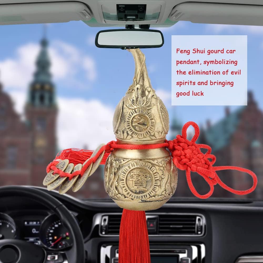 Watris Veiyi Good Luck Charms Brass Wu Lou Gourd, Feng Shui Coins Cucurbit with Decor Tassels String and Red Chinese Knot, for Success Fortune Longevity Wealth Treasure