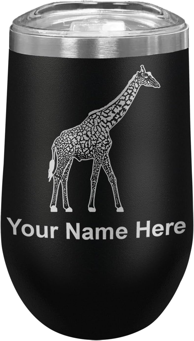 LaserGram 16oz Double Wall Stainless Steel Wine Glass Tumbler, Giraffe, Personalized Engraving Included (Black)