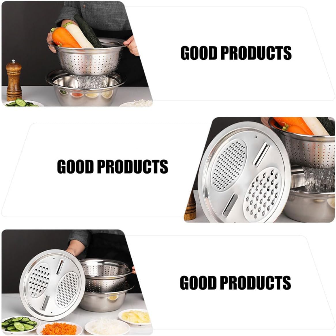 SUPVOX Multi-function Kitchen Vegetable Grater and Strainer Basin Set, 26cm Stainless Steel Shredding Bowl with Thick Sanded Edge, Multipurpose Slicer and Draining Tool for Food
